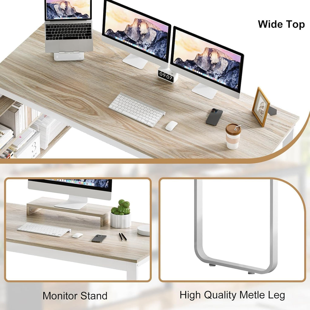 55" L Shaped Office Desk with Drawers, White and Walnut E44841