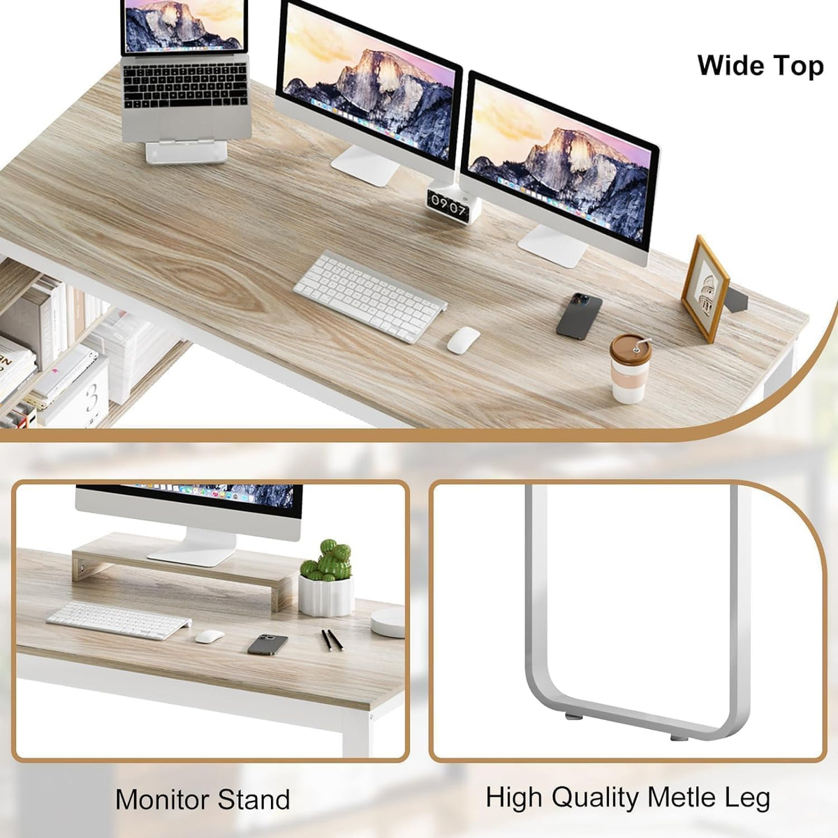 55" L Shaped Office Desk with Drawers, White and Walnut E44841