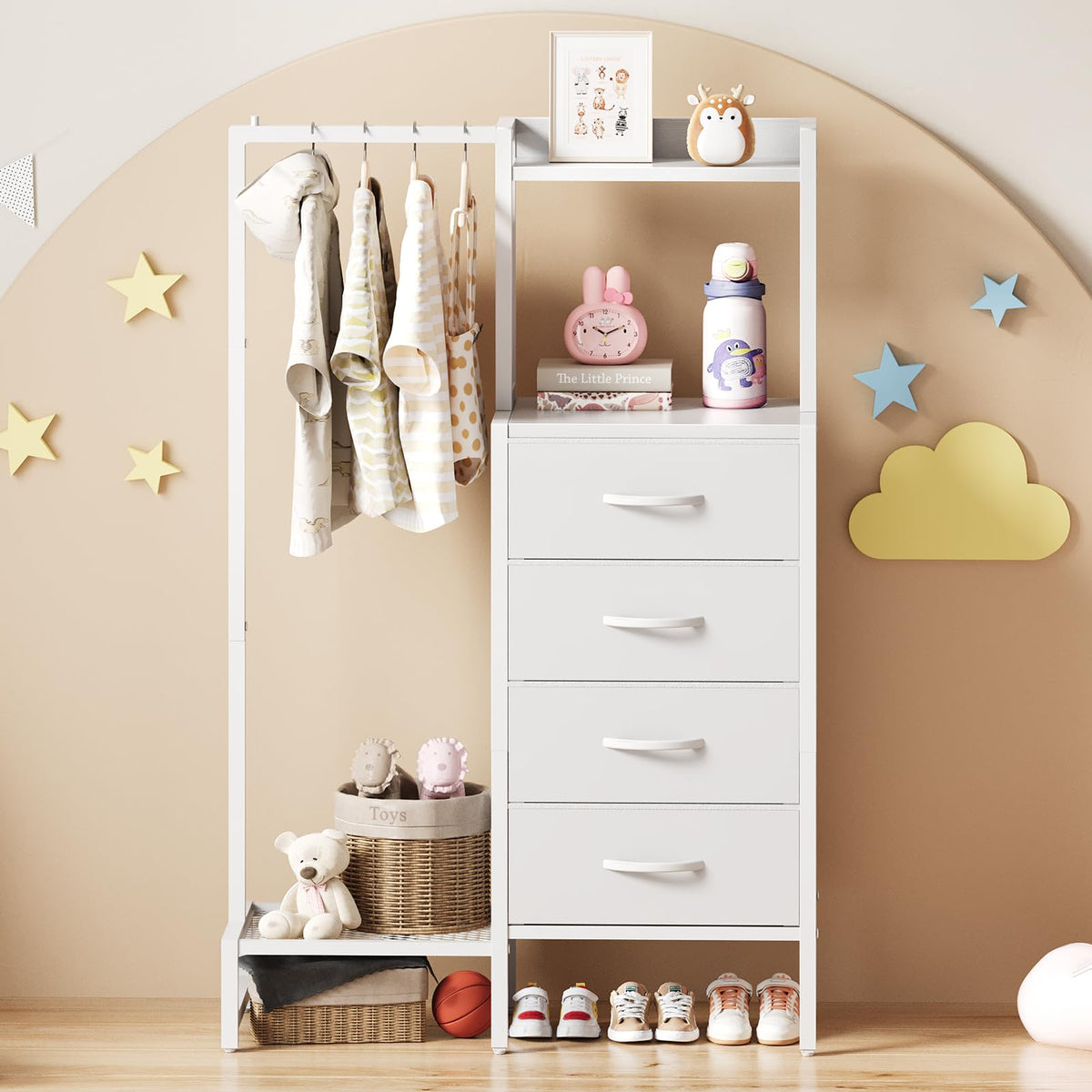 White 4 Drawer Dresser with Hanging Rack I785623