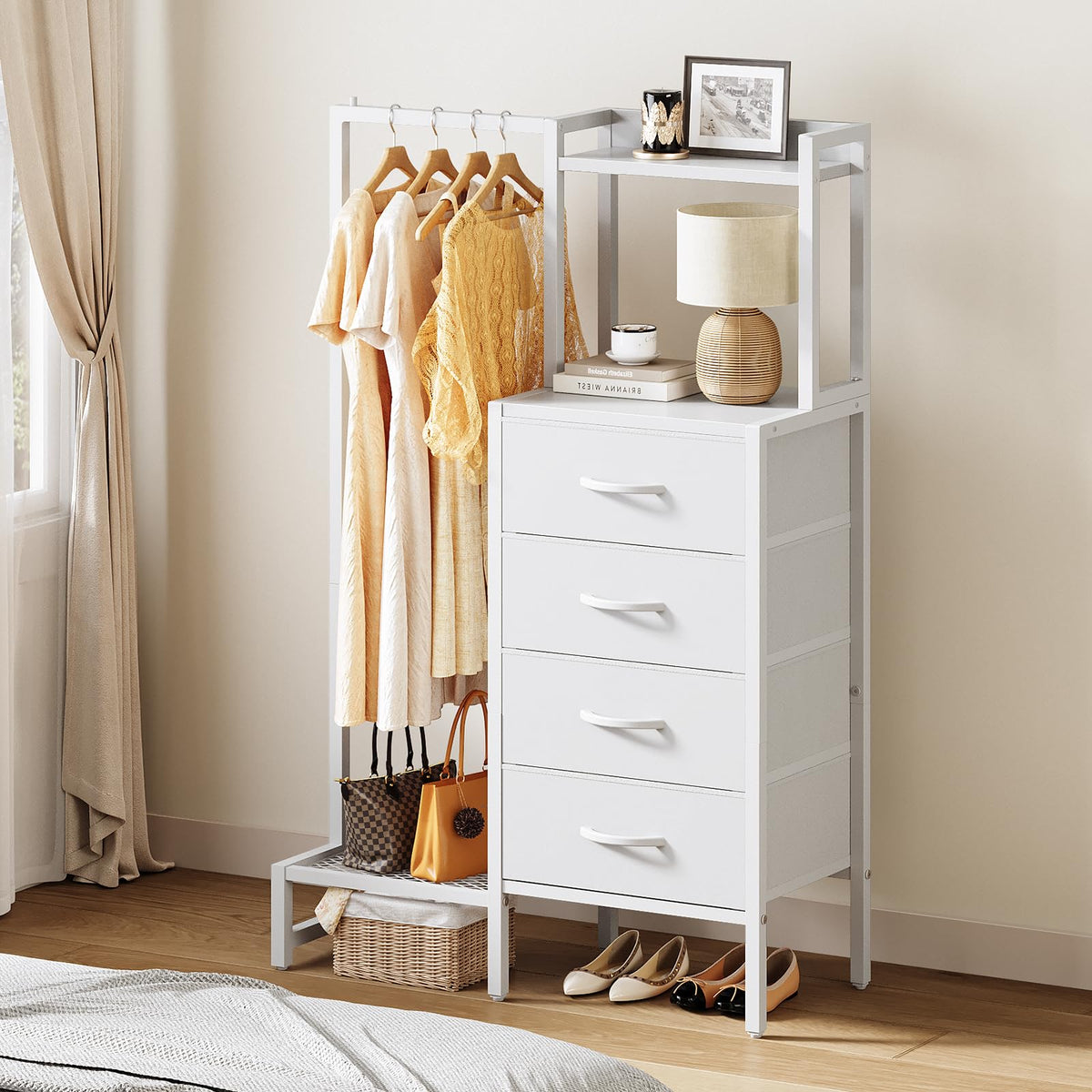 White 4 Drawer Dresser with Hanging Rack I785623