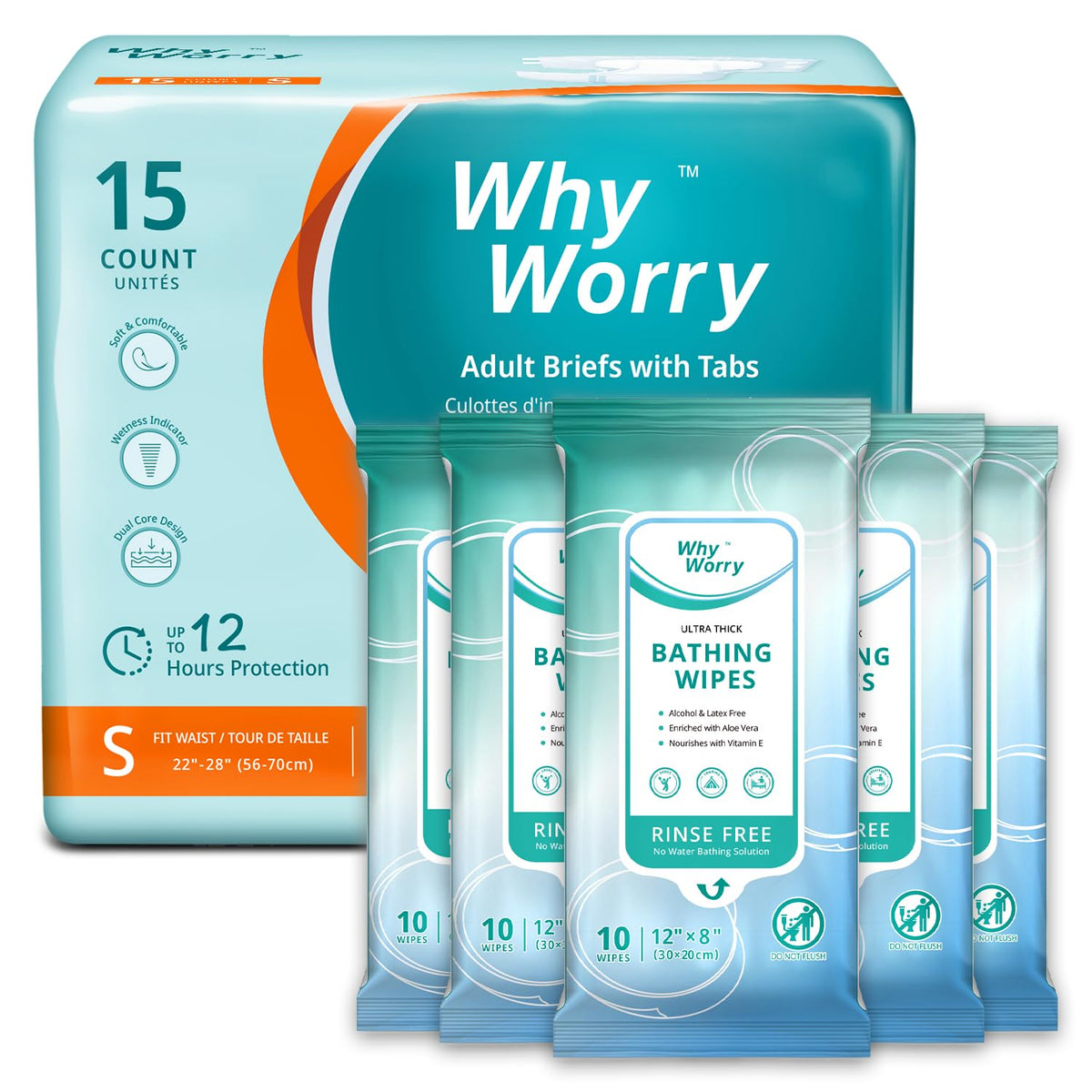 Small Adult Diapers with Tabs, 15 Count & Ultra Thick Bathing Wipes E99919