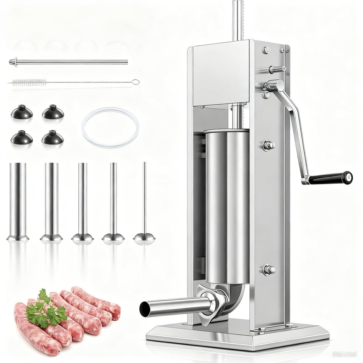 Manual Sausage Stuffer, 2 Speeds, 5 Filling Tubes, 11Lb/5L Stainless Steel B48346