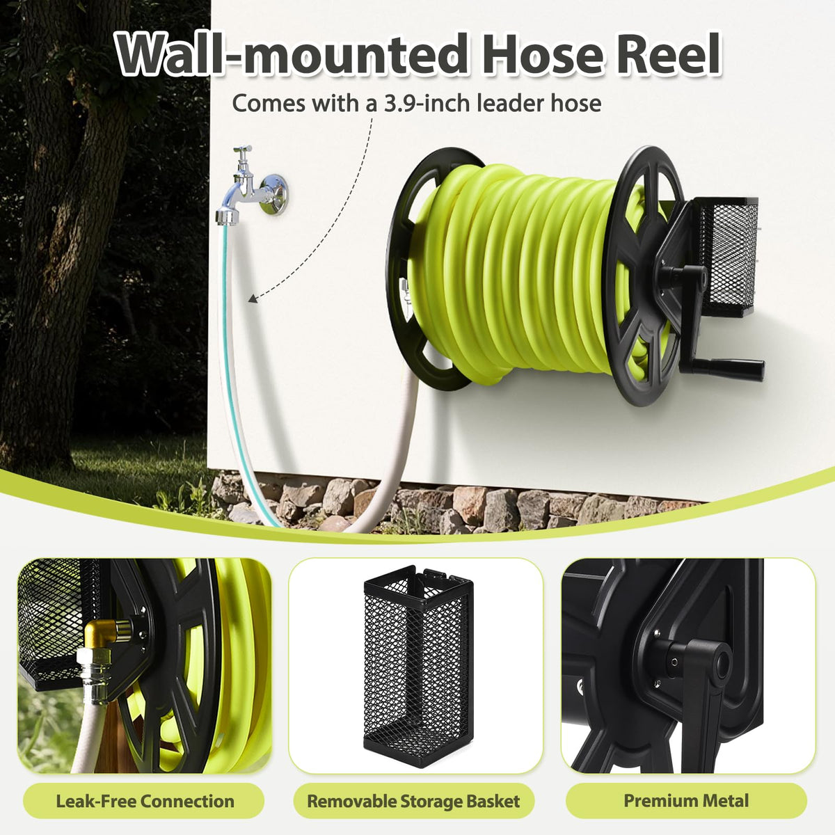 Wall Mounted Hose Reel, Holds 125ft of 5/8-Inch Hose, Black U930