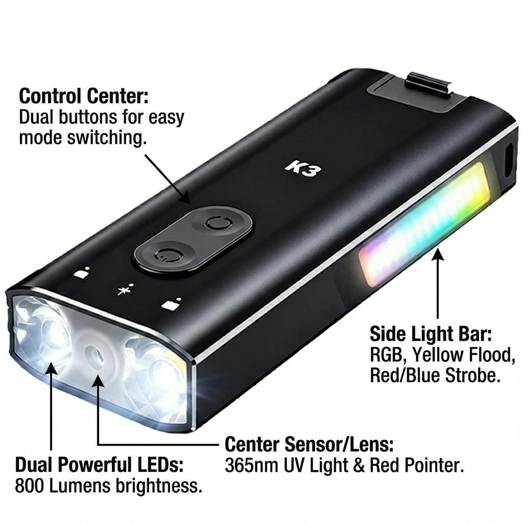 800 Lumens Rechargeable EDC Keychain Flashlight with UV & Red LED J9149