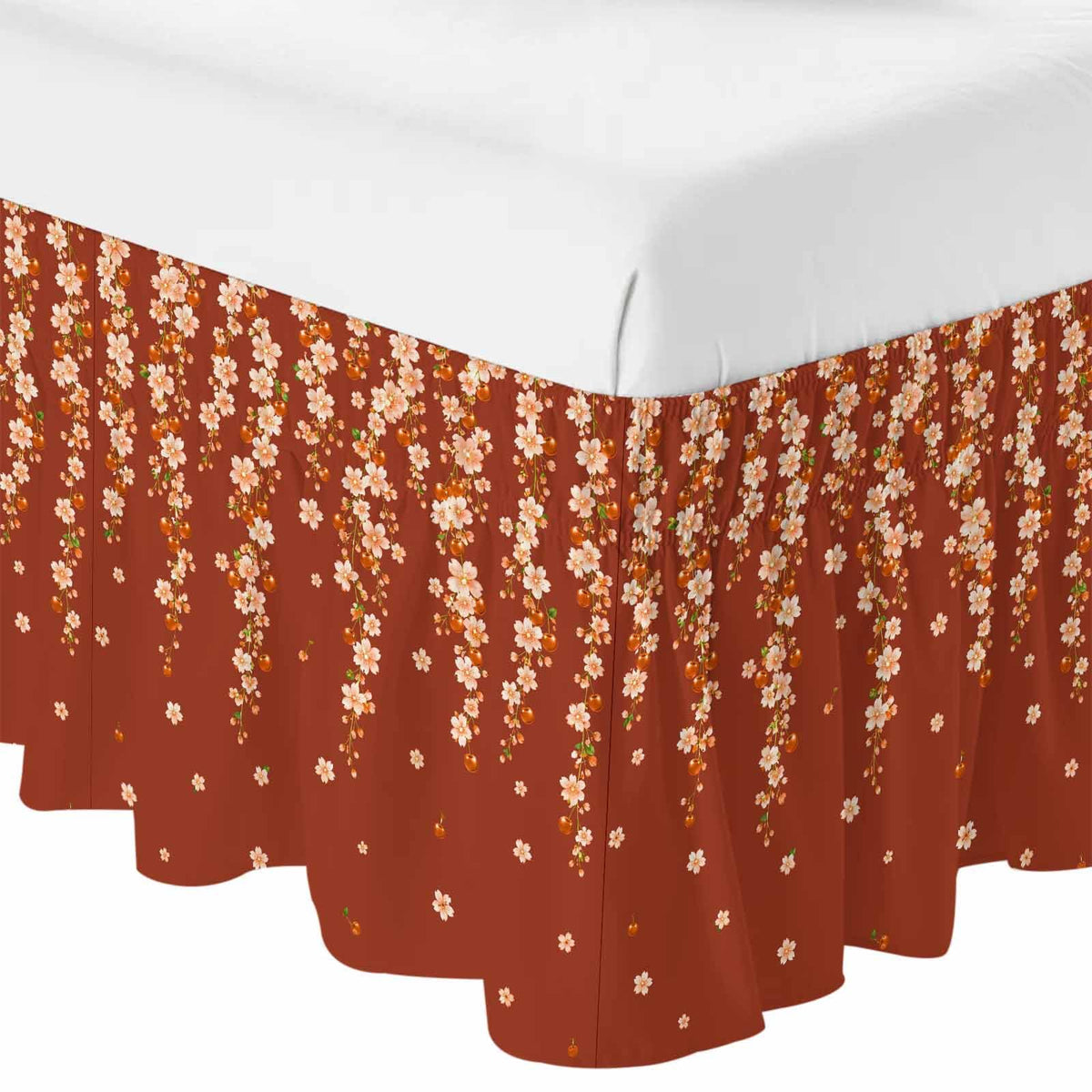 Brown Cherry Blossoms Ruffle Wrap Around Bed Skirt California King 18" Drop P561397