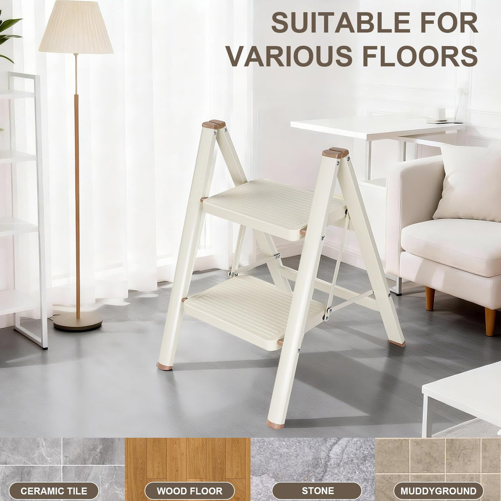 2 Step Ladder Folding Step Stool with Anti-Slip Pedal 330LBS Capacity Cream White G235859