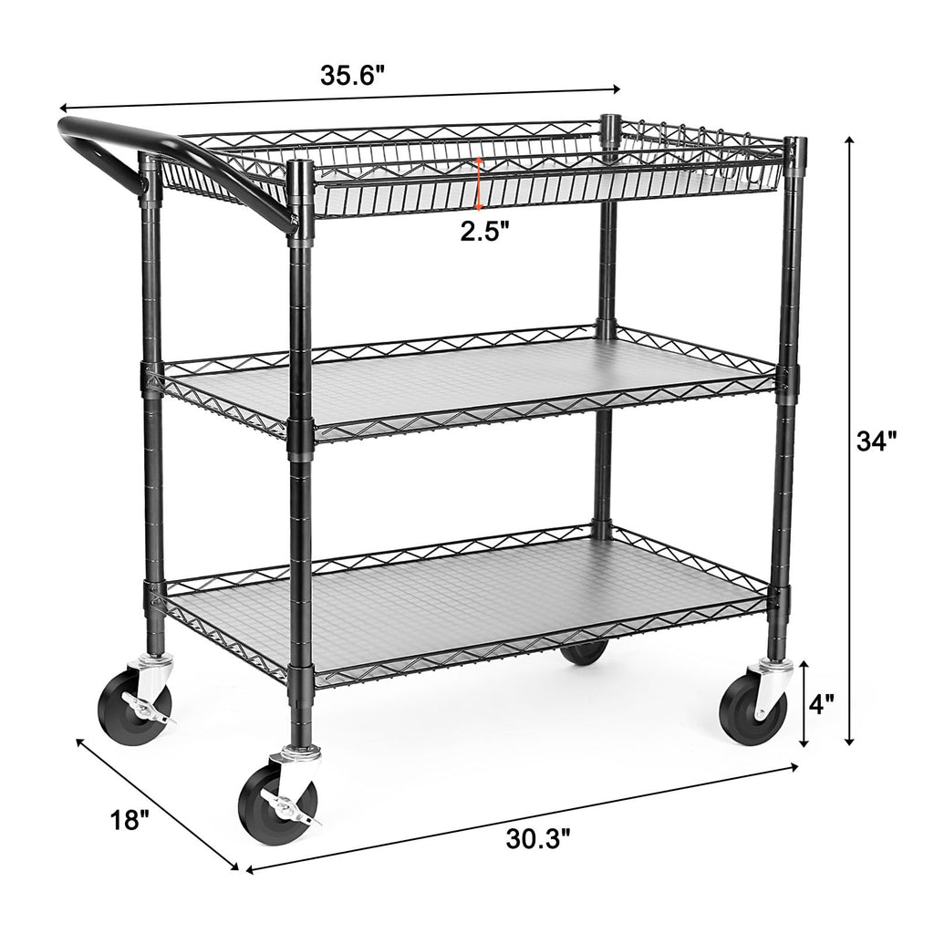Heavy Duty 3 Tier Rolling Utility Cart with Wheels, Black I412715
