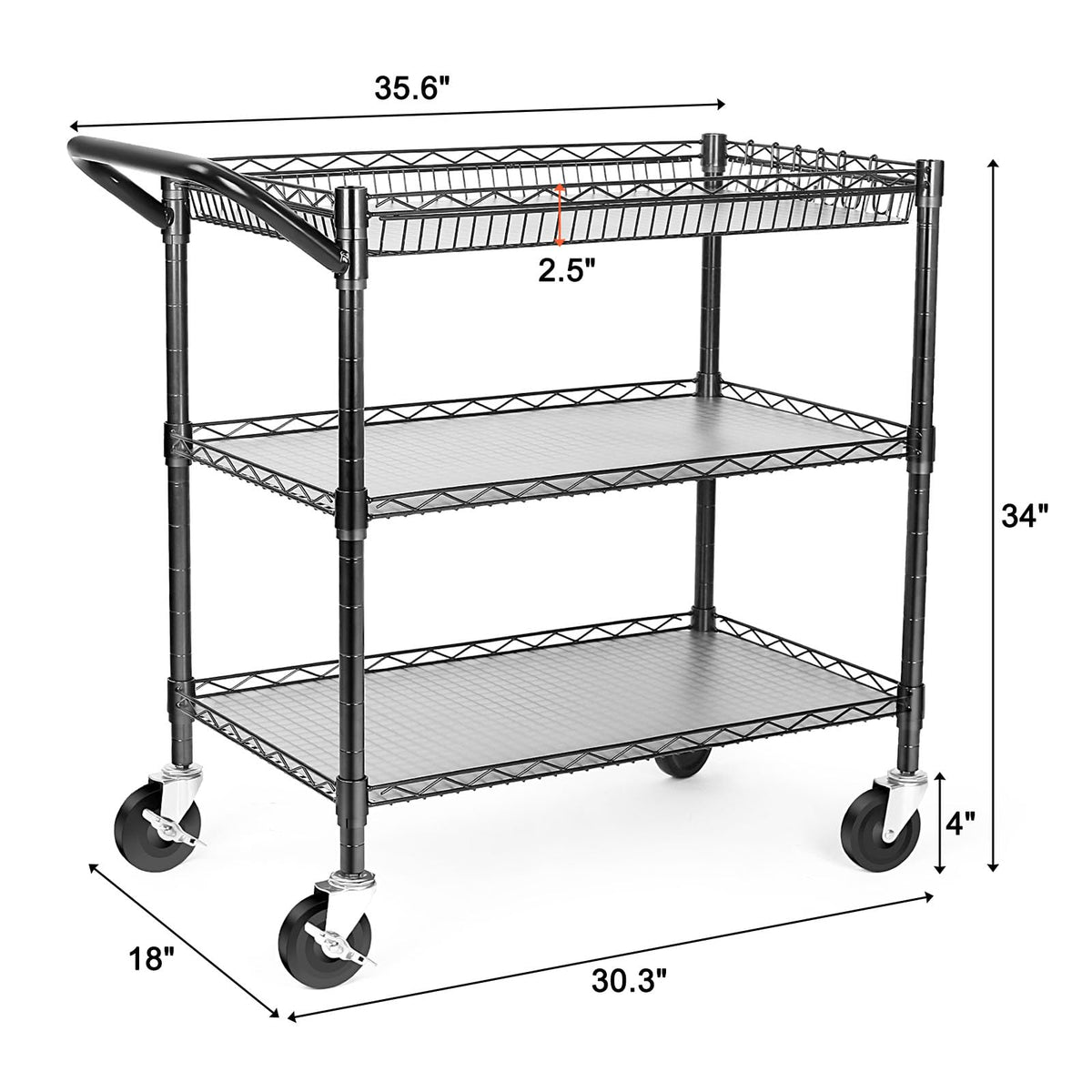 Heavy Duty 3 Tier Rolling Utility Cart with Wheels, Black I412715
