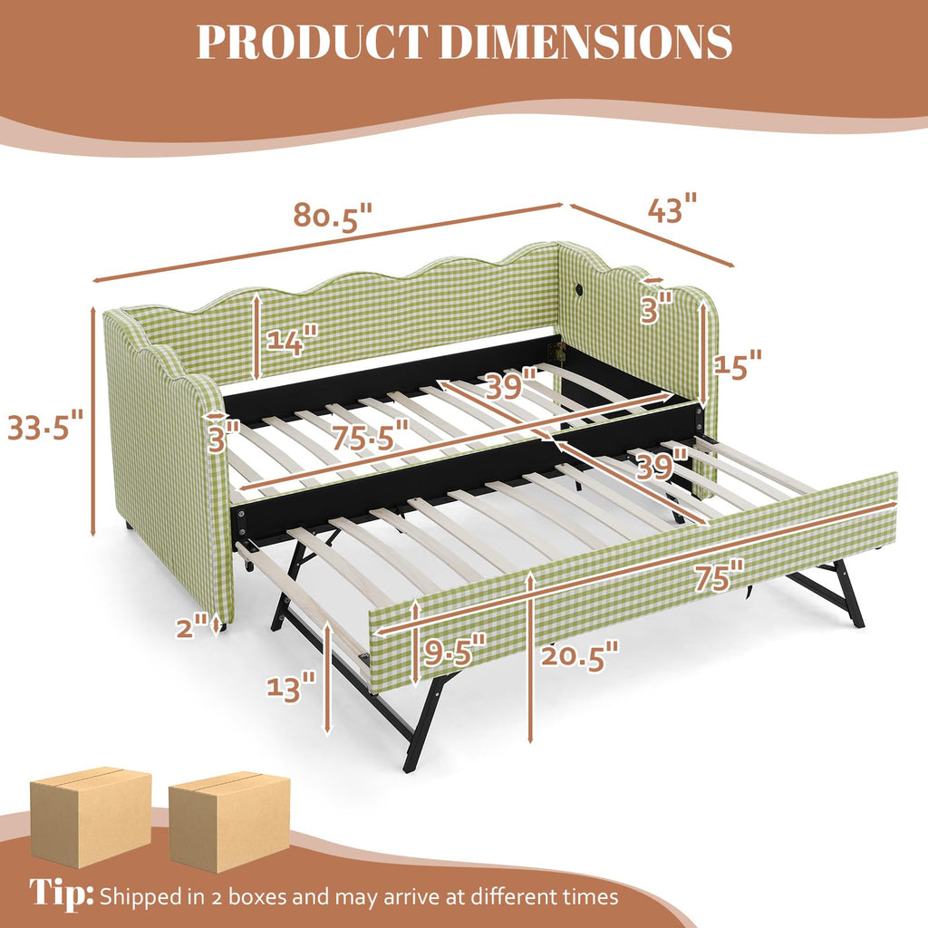 81-inch Twin to King Size Gingham Linen Upholstered Daybed with USB Charging Ports T103605