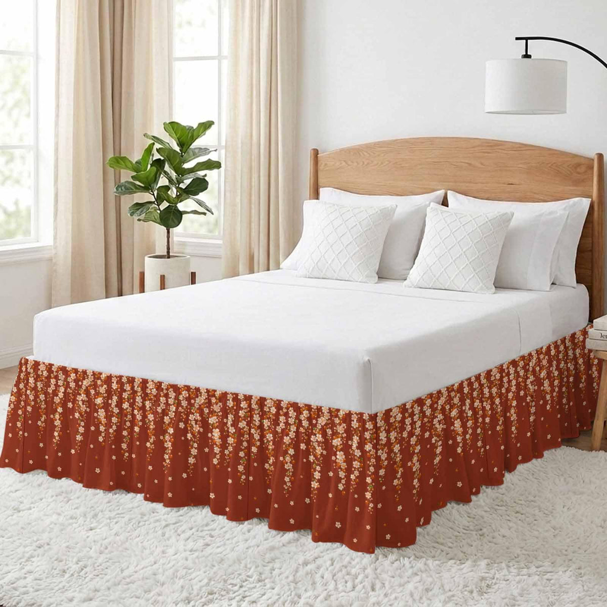 Brown Cherry Blossoms Ruffle Wrap Around Bed Skirt California King 18" Drop P561397
