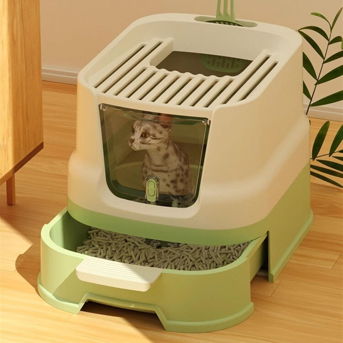 Large Top Entry Enclosed Cat Litter Box with Lid and Scoop V59586