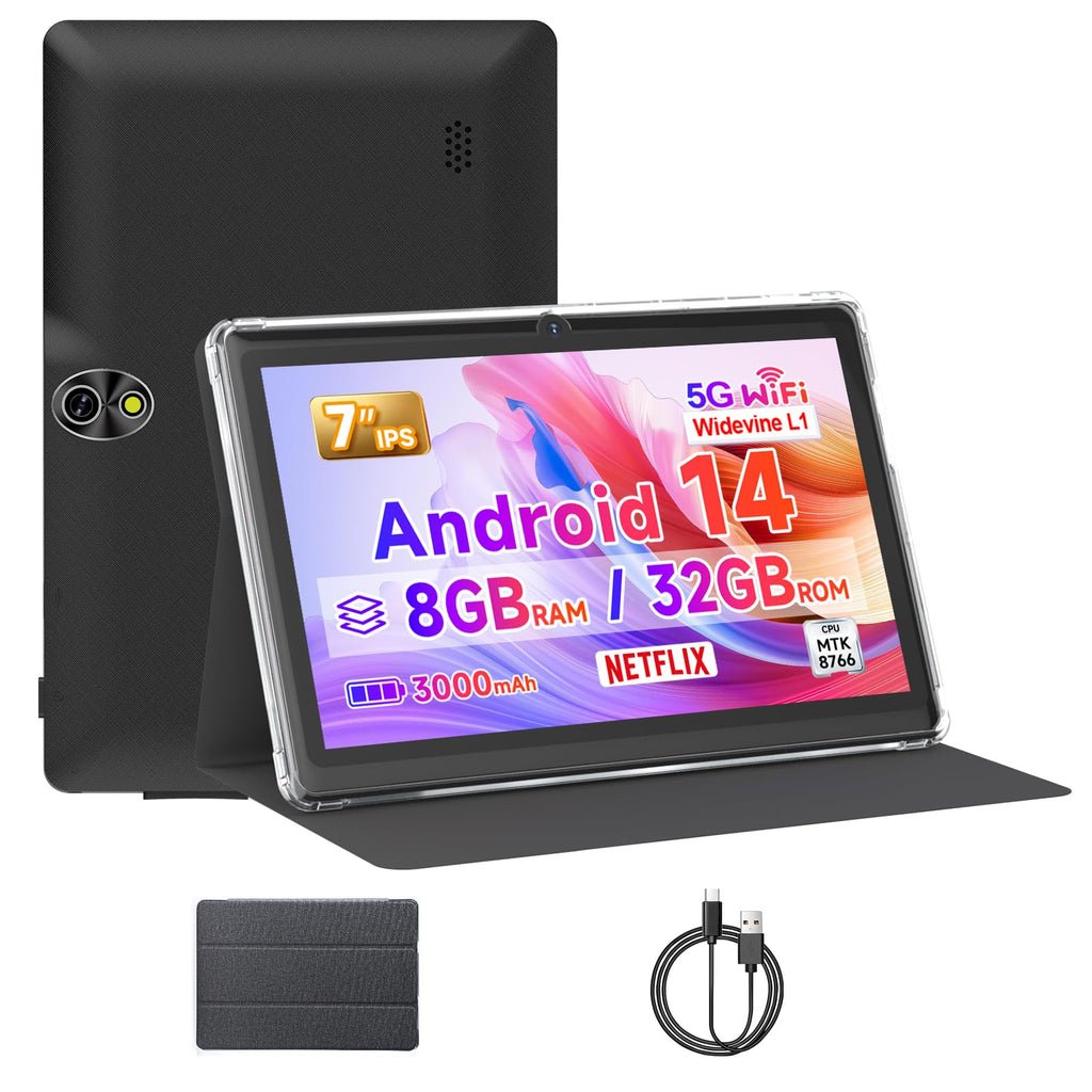 7 Inch Android Tablet with Protective Case, 8GB RAM 32GB ROM, Black T516325