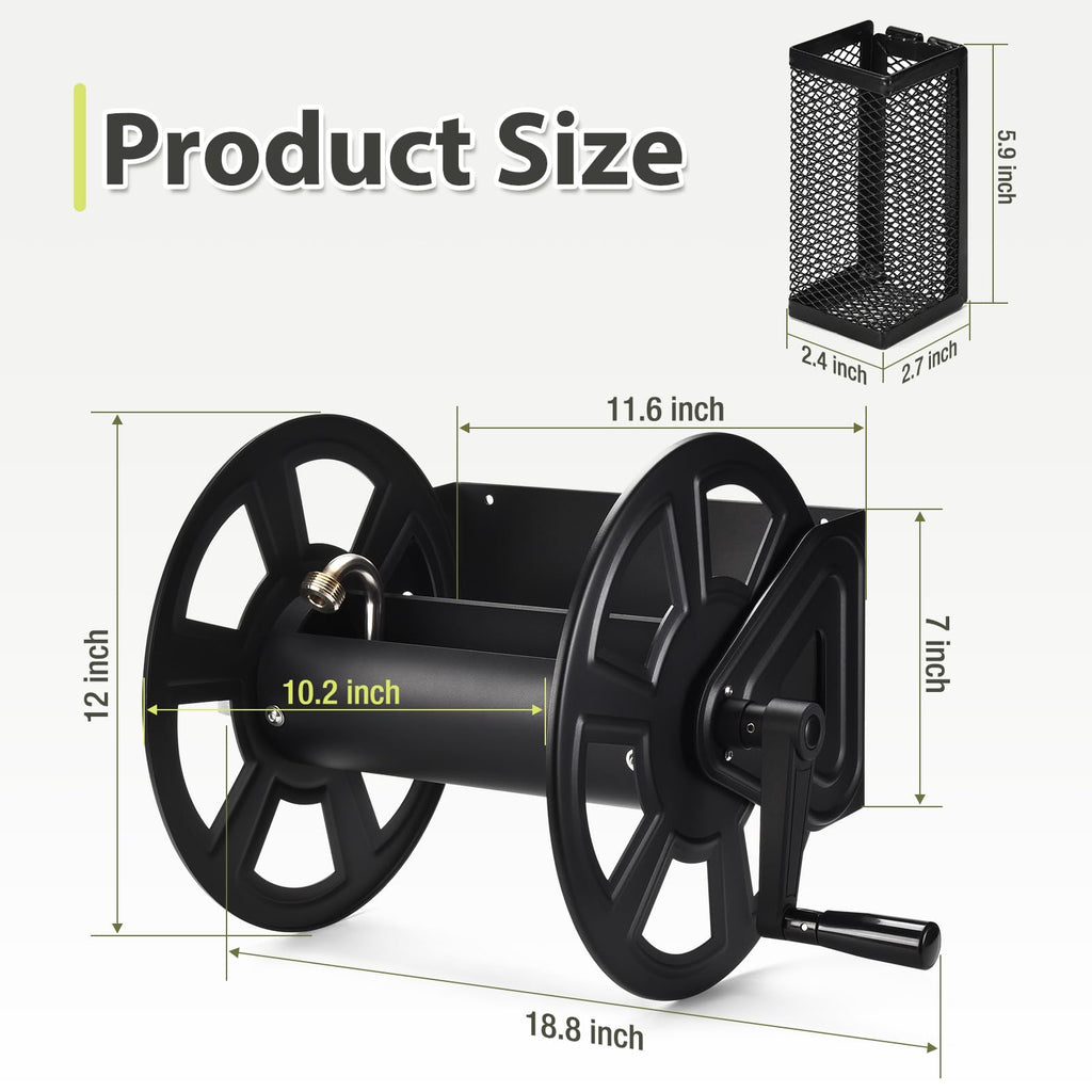 Wall Mounted Hose Reel, Holds 125ft of 5/8-Inch Hose, Black U930