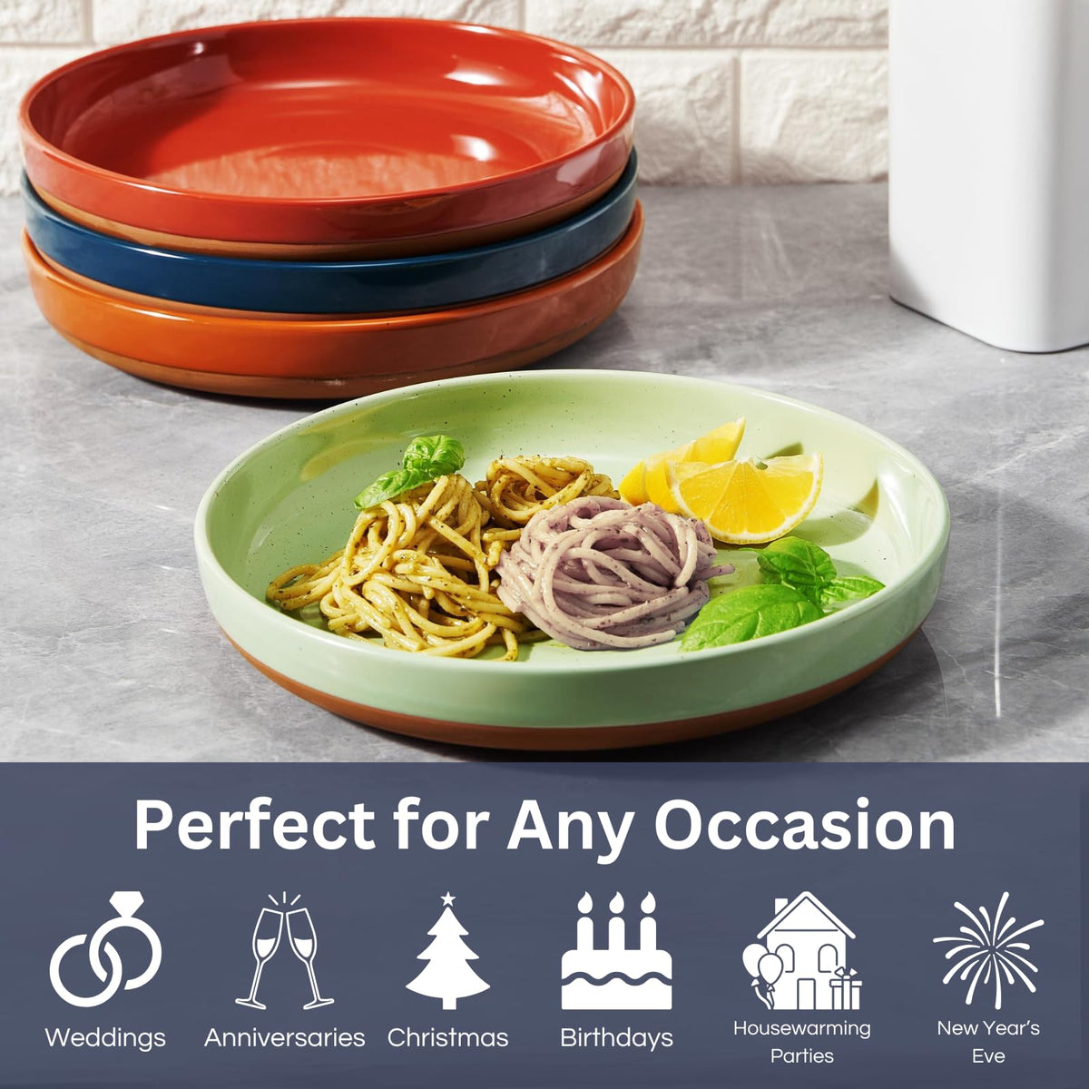 Ceramic Flat Pasta Bowl Plate Set of 4, 35oz Microwave Safe M82230