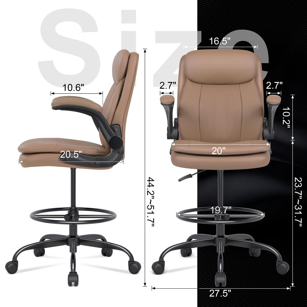 Leather Drafting Chair with Adjustable Height and Flip-up Armrest R4363
