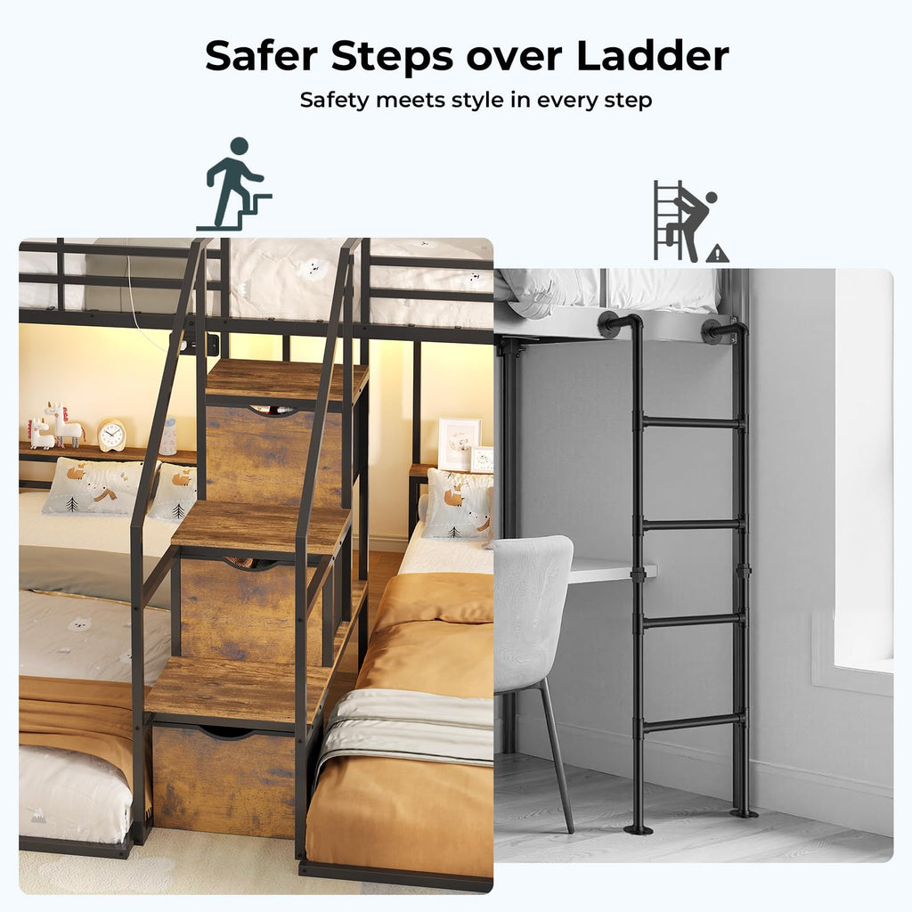 Black Triple Bunk Bed Twin Over Twin with Storage Staircase L8589