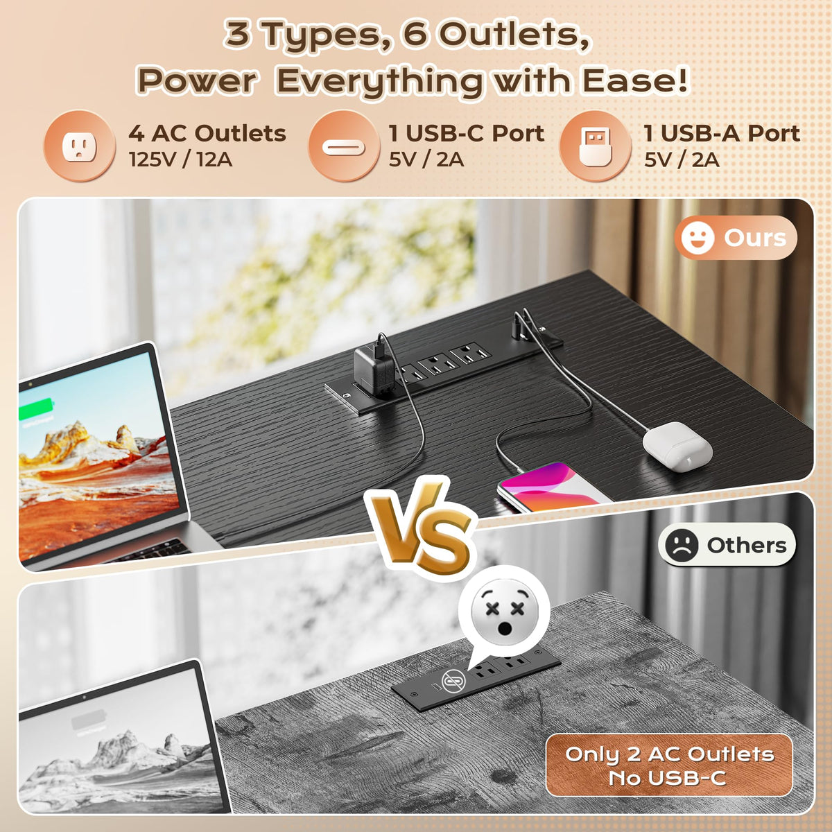 63 Inch L Shaped Desk with Power Outlets and USB-C Port, Black O54137