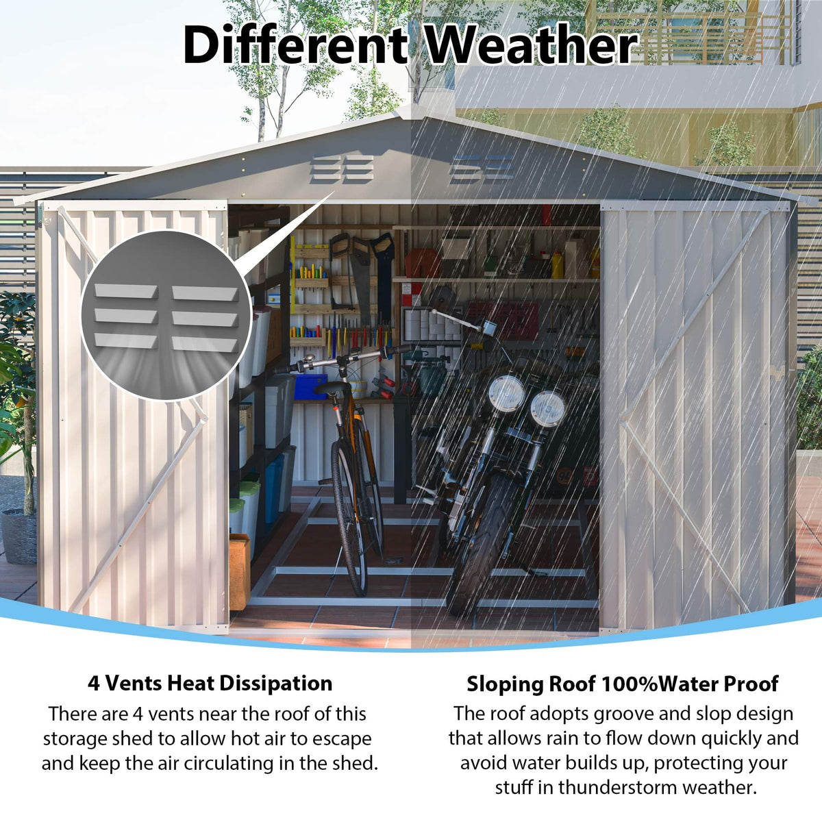 10x14 FT Waterproof Metal Storage Shed with 3 Lockable Doors R677358