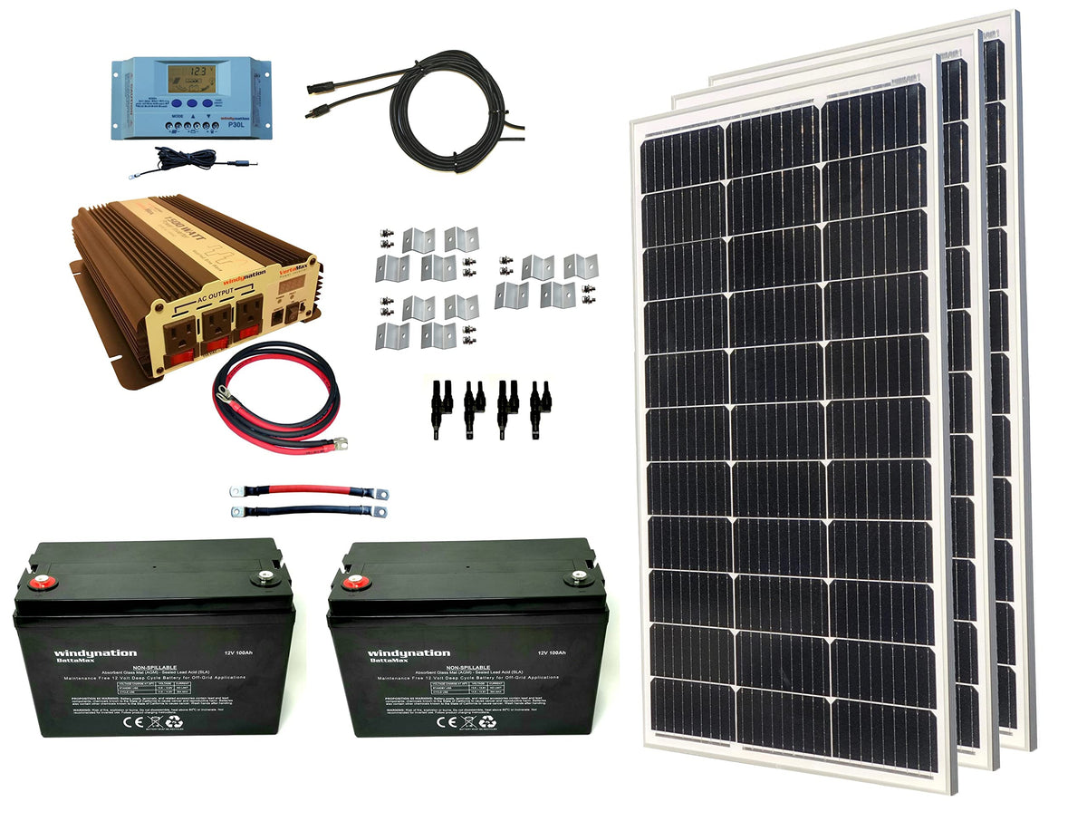 300 Watt Monocrystalline Solar Panel Kit with 1500W Power Inverter and 200ah AGM Battery T34133