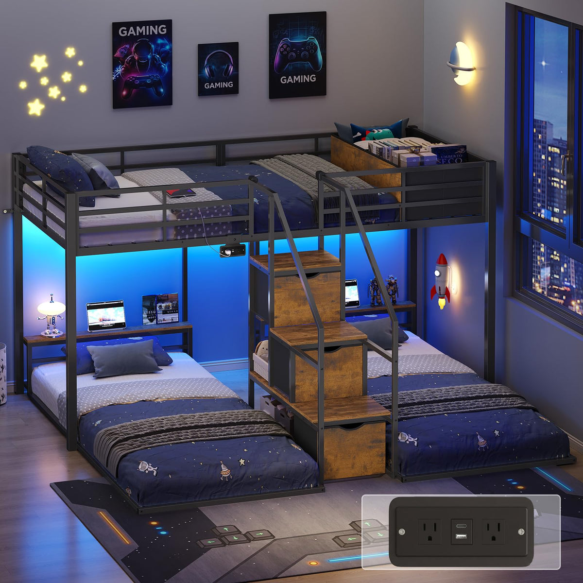 Black Triple Bunk Bed Twin Over Twin with Storage Staircase L8589