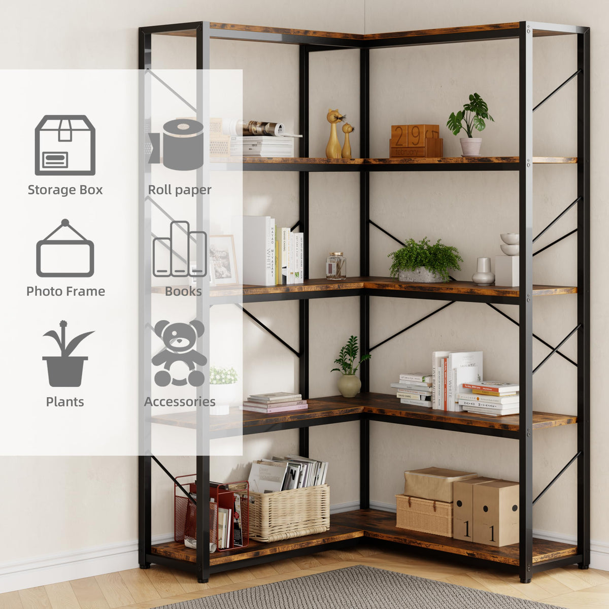 5 Tier L Shaped Corner Bookshelf Y30431