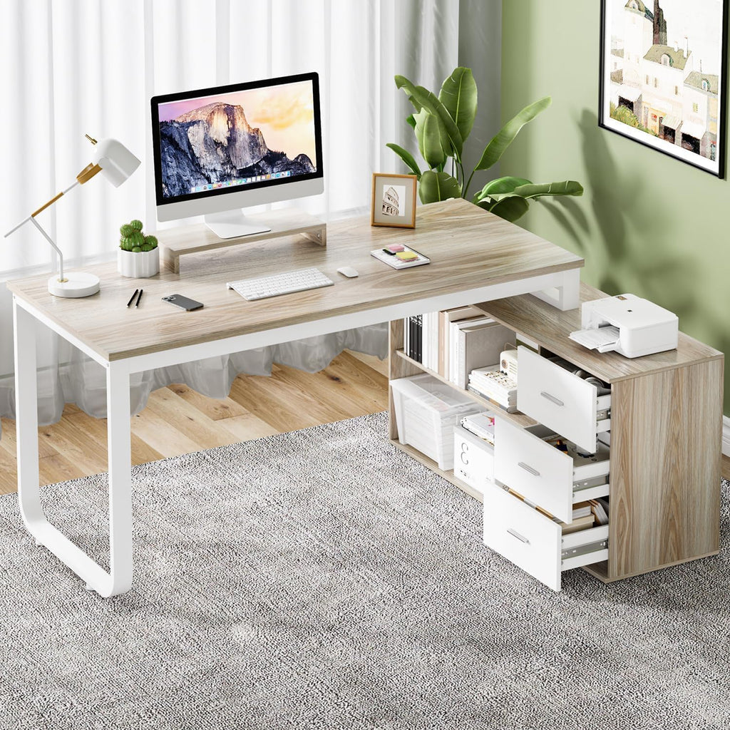 55" L Shaped Office Desk with Drawers, White and Walnut E44841
