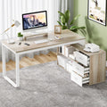 55" L Shaped Office Desk with Drawers, White and Walnut E44841