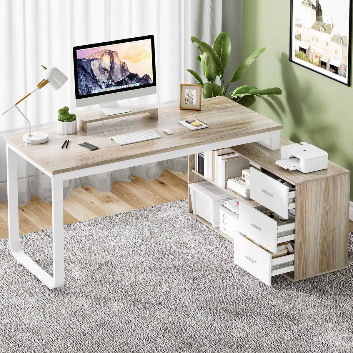 55" L Shaped Office Desk with Drawers, White and Walnut E44841
