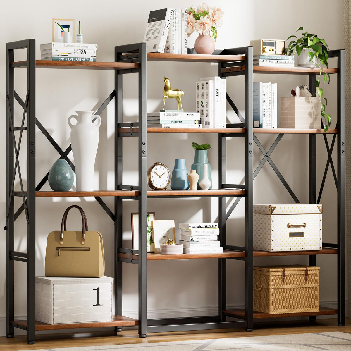 5-Tier Rustic Brown Bookshelf with Metal Frame R68571
