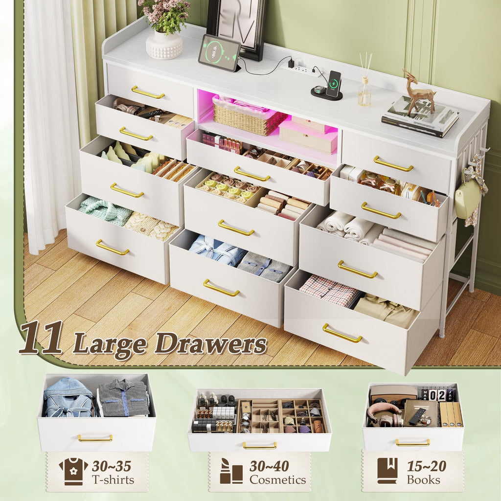 LED Dresser with Charging Station, 11 Drawers & 4 Hooks K583079