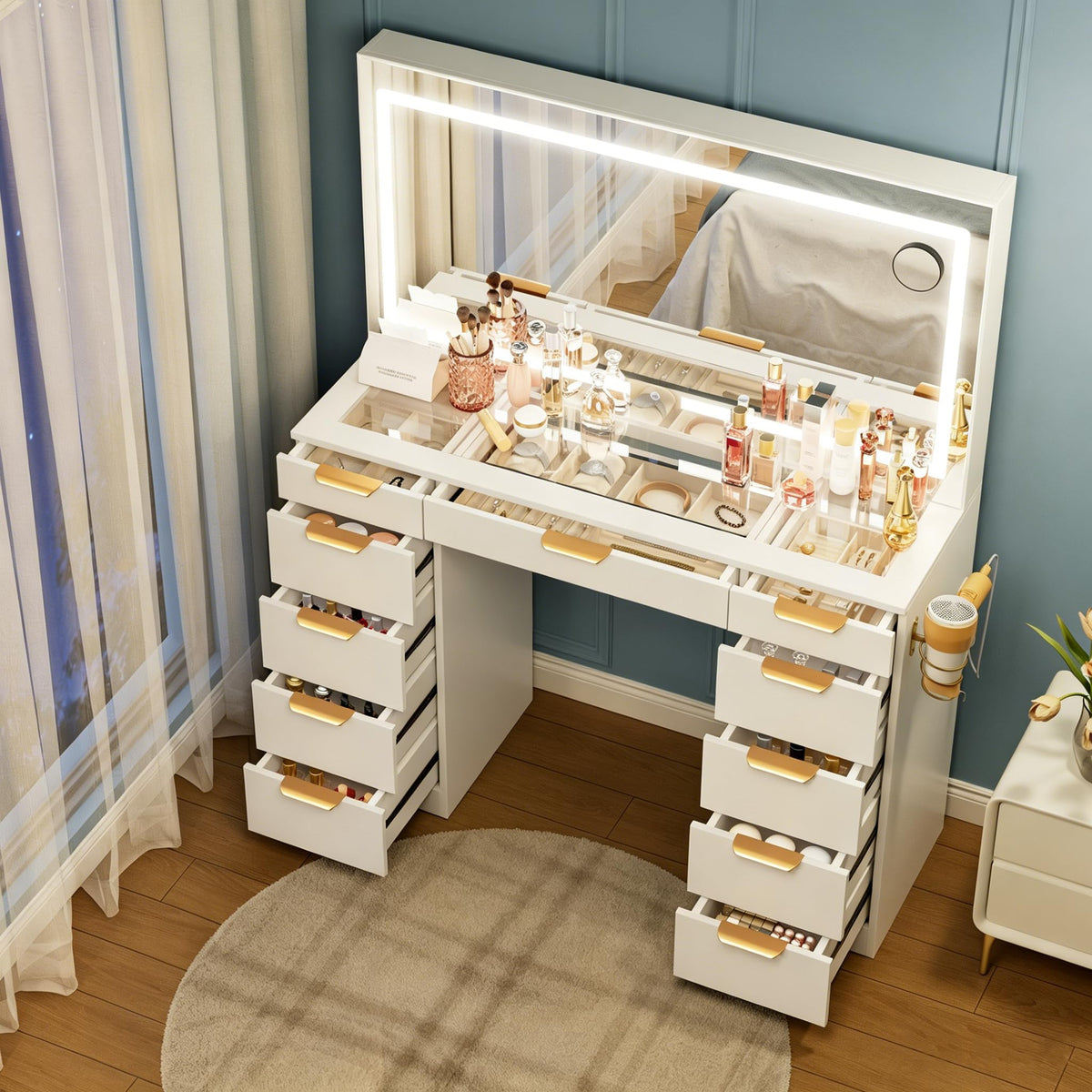 White Glass Top Vanity Desk with Mirror and Lights, 11 Drawers K506381