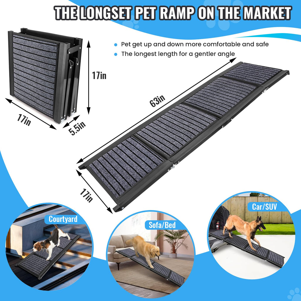 Folding Dog Ramp for Cars, 63"x17" Non-Slip Portable Pet Ramp U148042