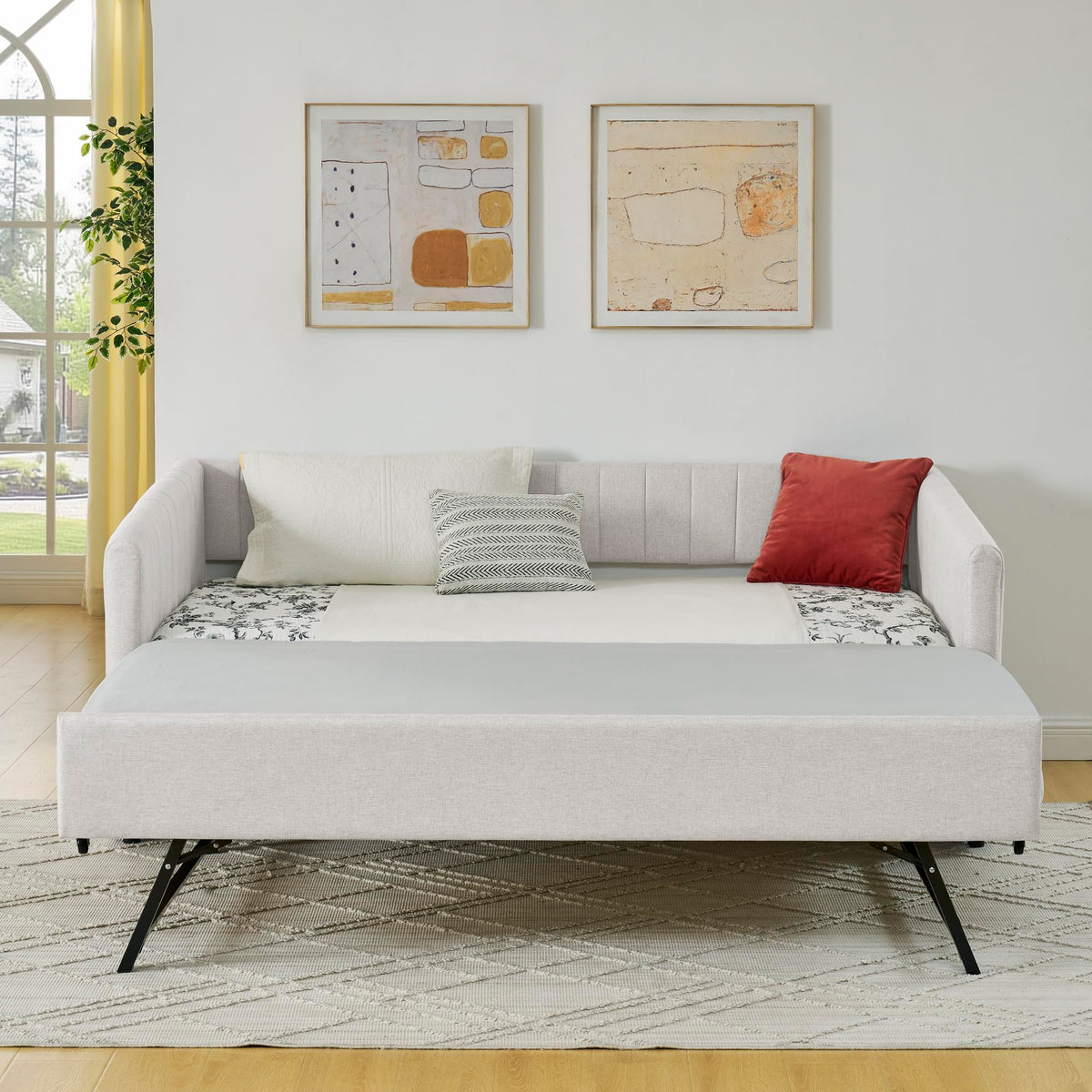 Beige Linen Twin Size Upholstered Daybed with Trundle and Headboard G68454
