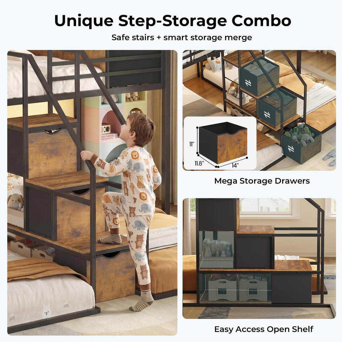 Black Triple Bunk Bed Twin Over Twin with Storage Staircase L8589