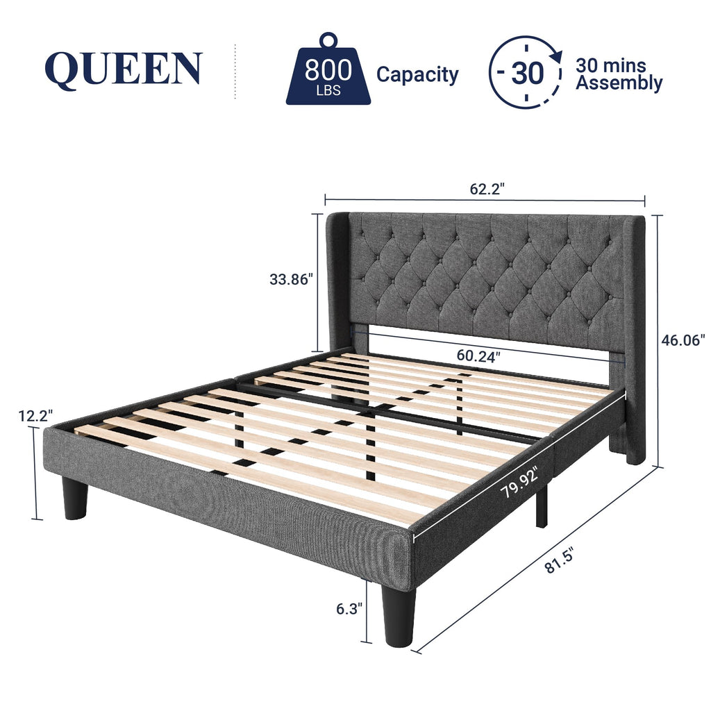 Queen Bed Frame with Button Tufted Wingback Headboard J514