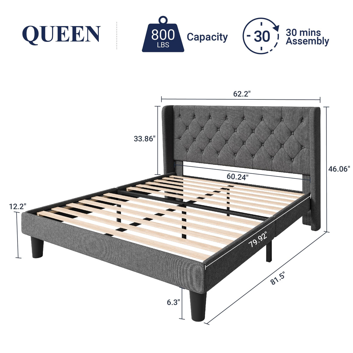 Queen Bed Frame with Button Tufted Wingback Headboard J514