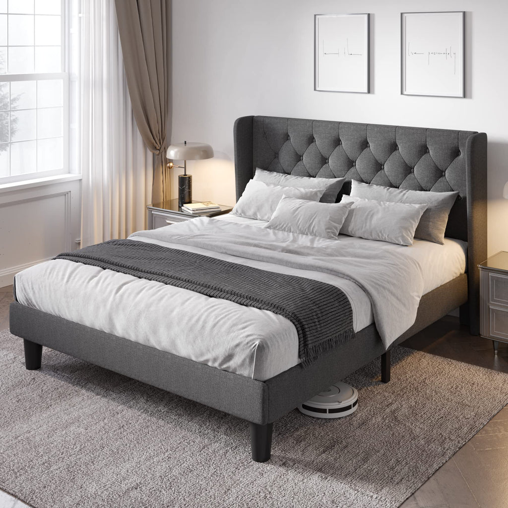 Queen Bed Frame with Button Tufted Wingback Headboard J514