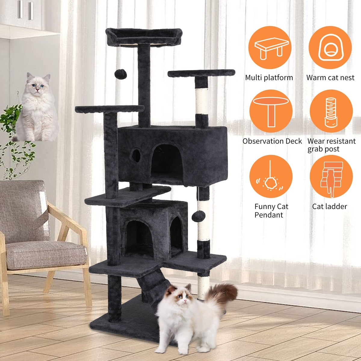 70 Inch Multi-Level Cat Tree with Scratching Post, Condo, Plush Perch K301