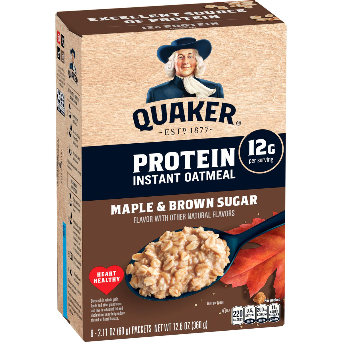 Instant Oatmeal, Maple Brown Sugar, 12g Protein, 2.11 oz Packets, 6 Pack O6123