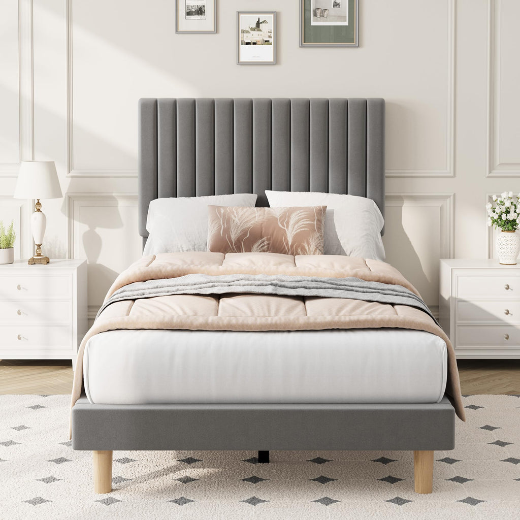 Velvet Upholstered Platform Bed with Adjustable Headboard W8147