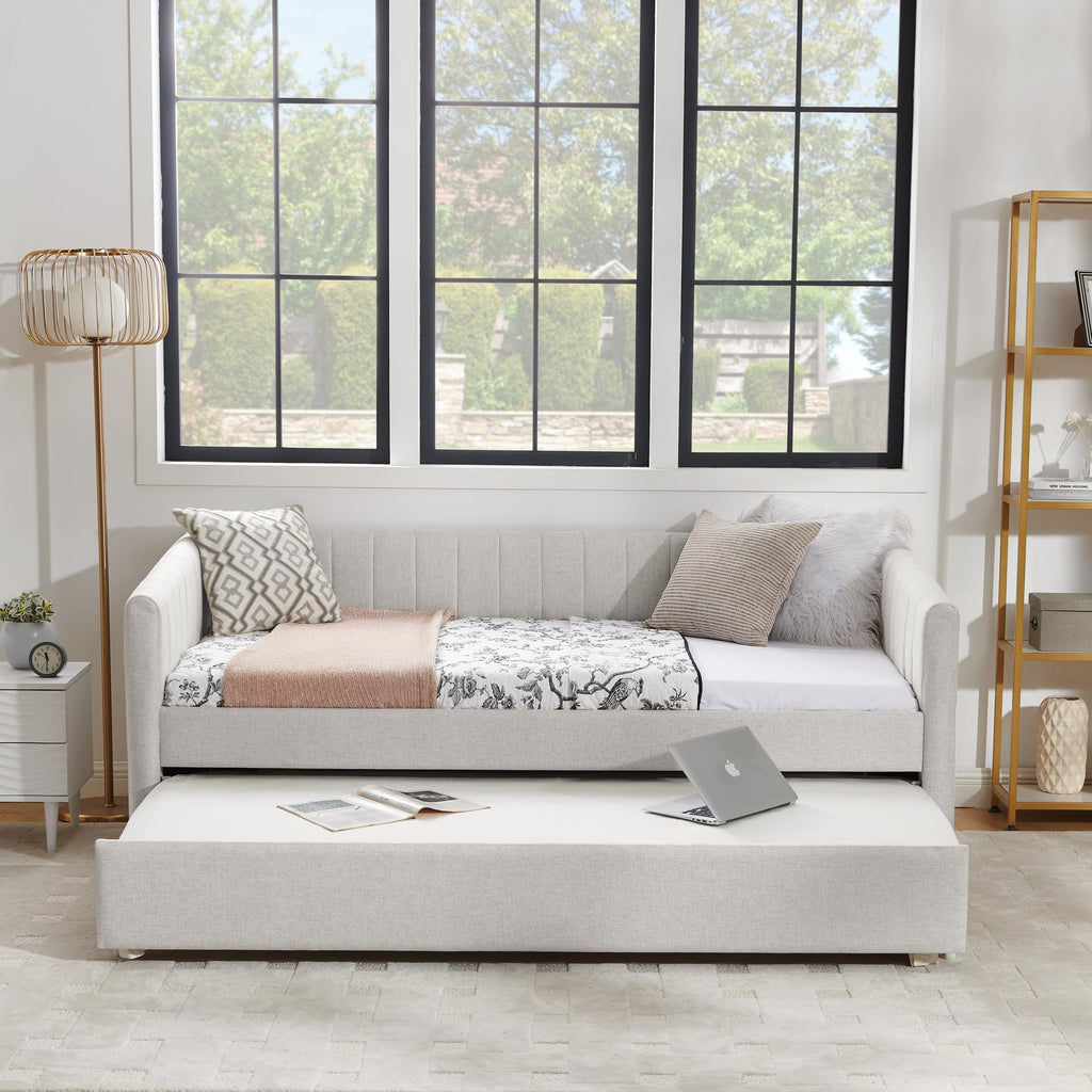 Beige Linen Twin Size Upholstered Daybed with Trundle and Headboard G68454