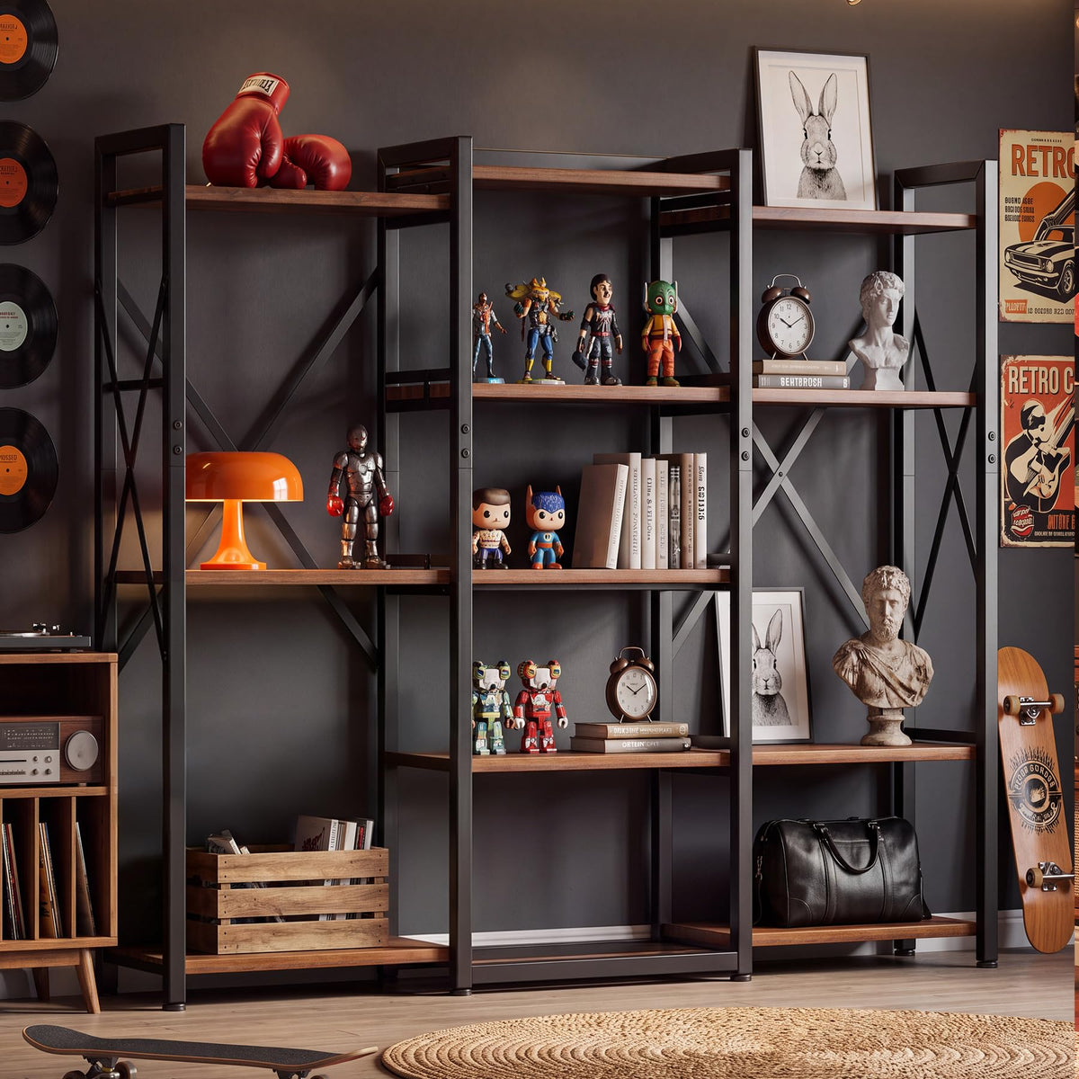 5-Tier Rustic Brown Bookshelf with Metal Frame R68571