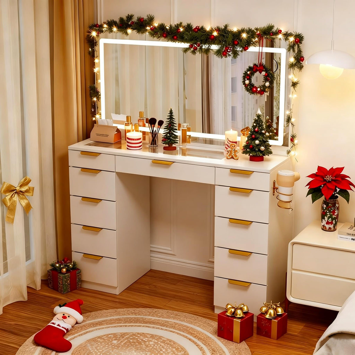 White Glass Top Vanity Desk with Mirror and Lights, 11 Drawers K506381