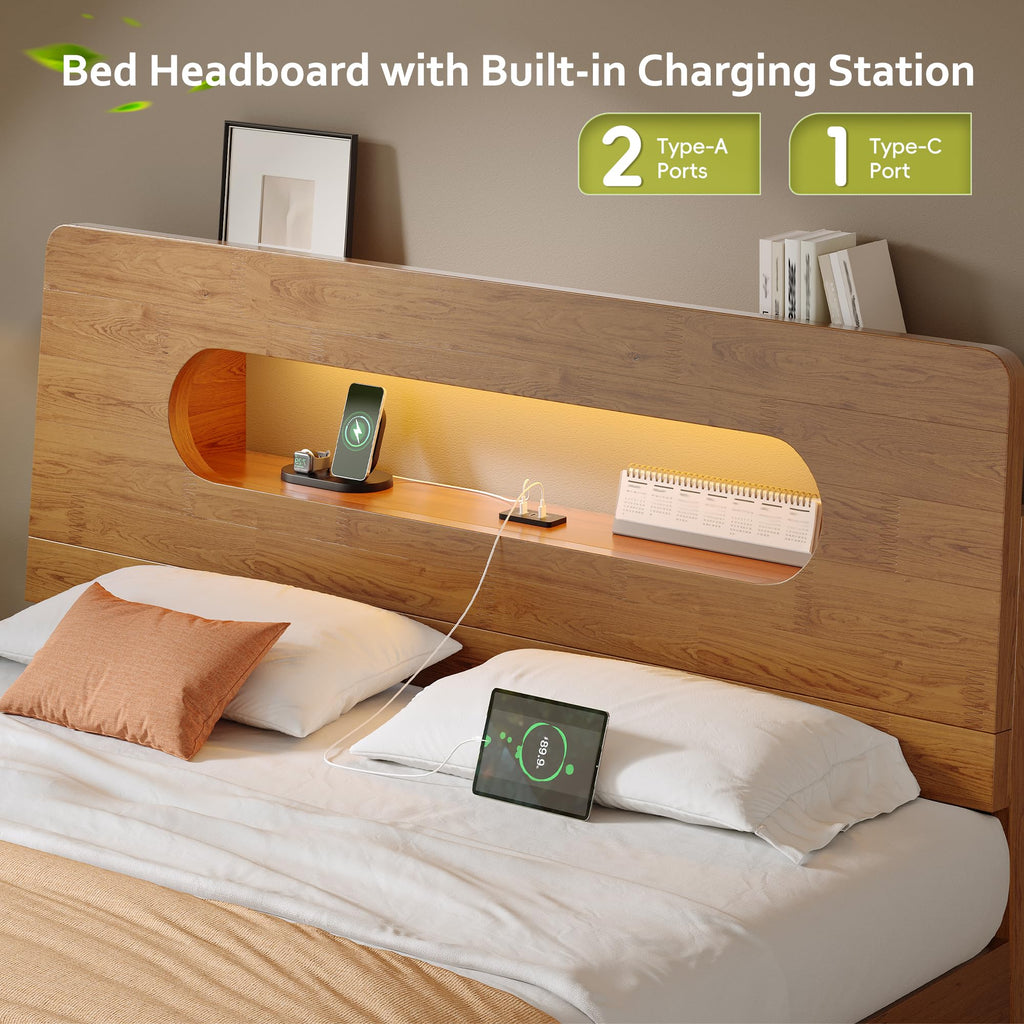 Queen Size Solid Wood Bed Frame with Storage Headboard, Brown Y883
