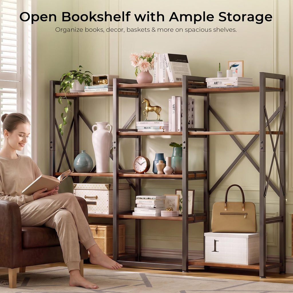 5-Tier Rustic Brown Bookshelf with Metal Frame R68571