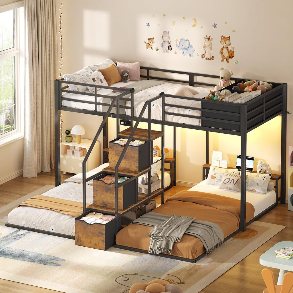 Black Triple Bunk Bed Twin Over Twin with Storage Staircase L8589