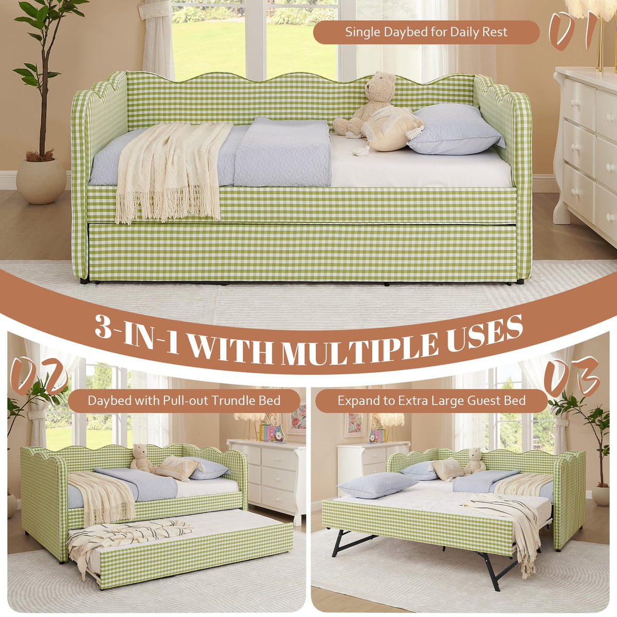 81-inch Twin to King Size Gingham Linen Upholstered Daybed with USB Charging Ports T103605
