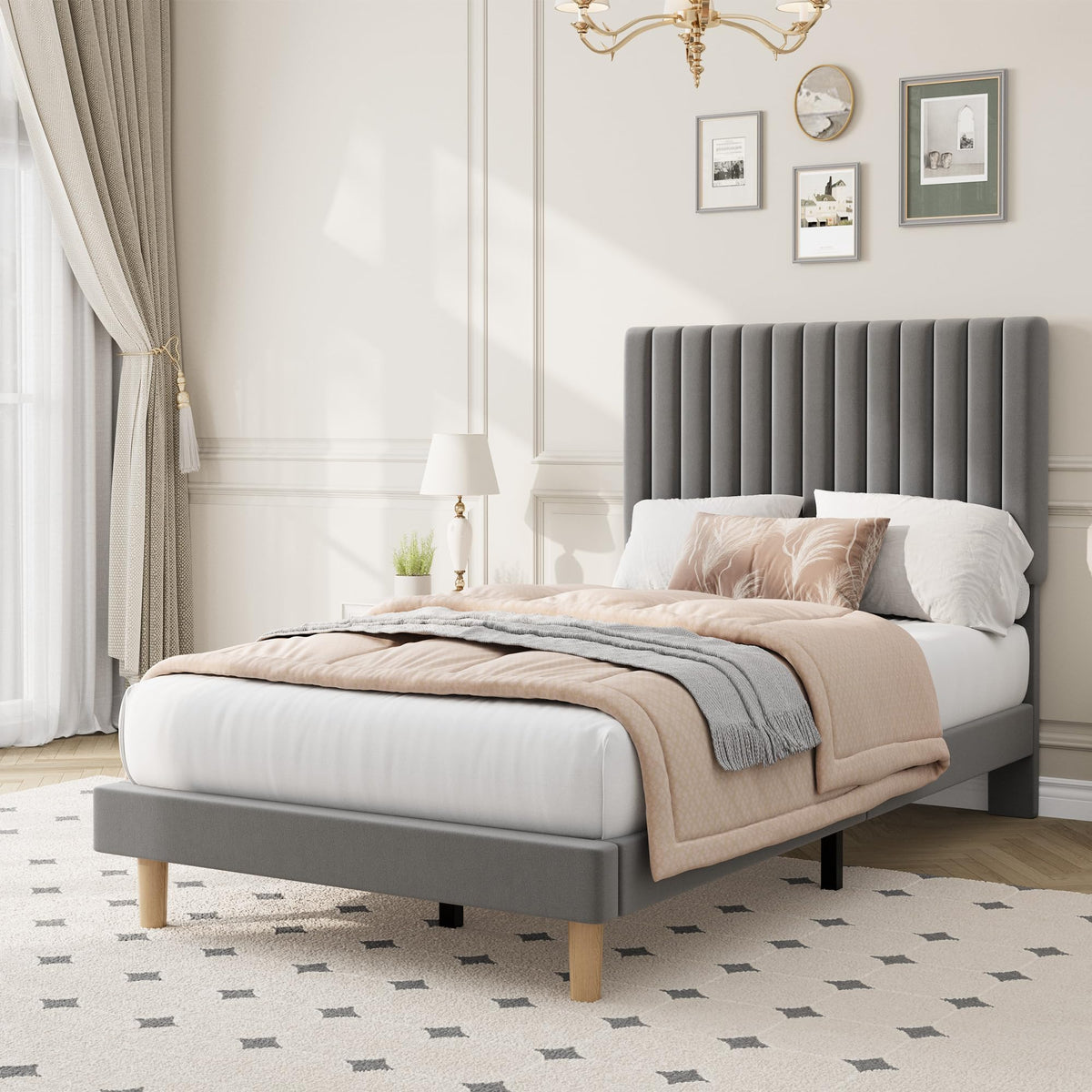 Velvet Upholstered Platform Bed with Adjustable Headboard W8147