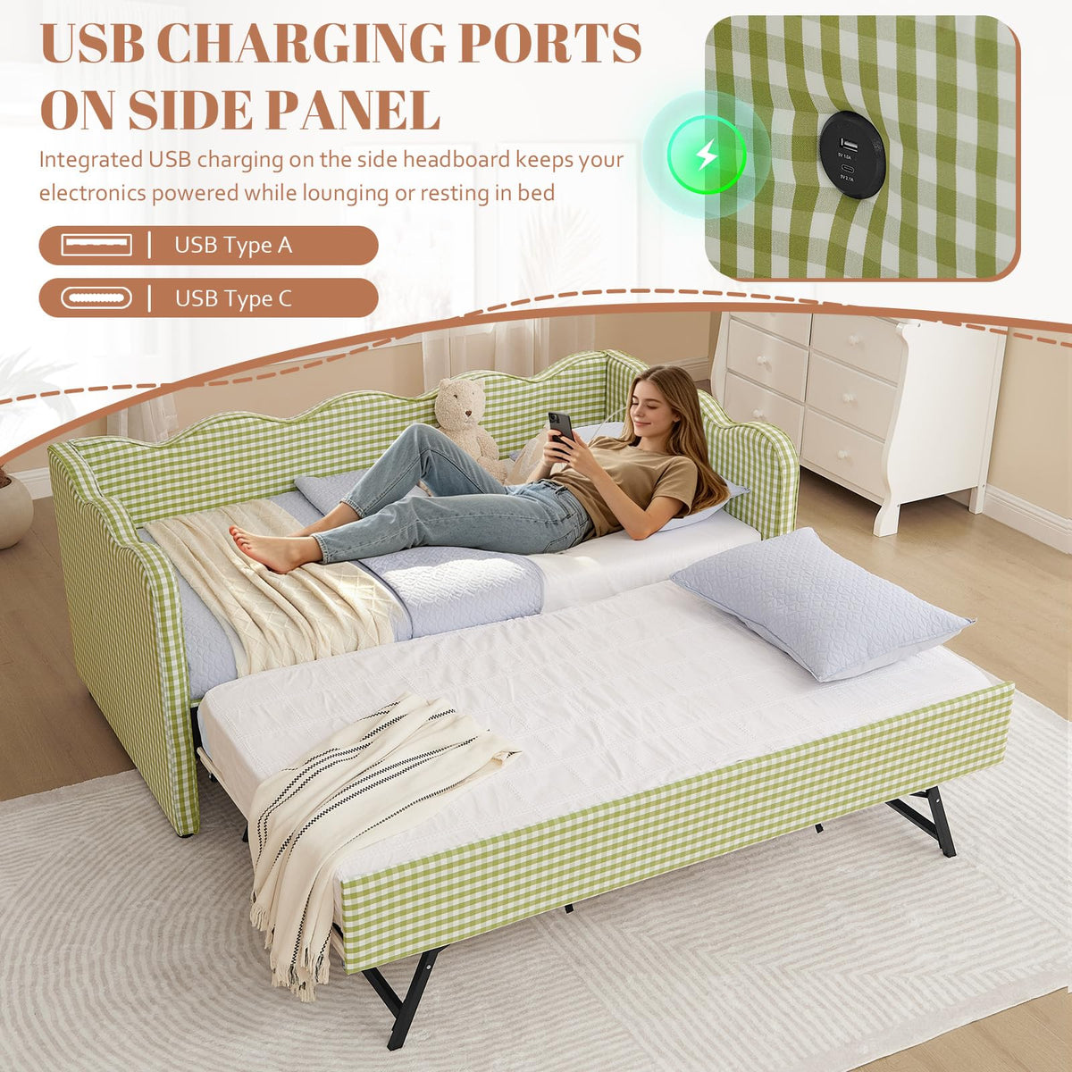 81-inch Twin to King Size Gingham Linen Upholstered Daybed with USB Charging Ports T103605