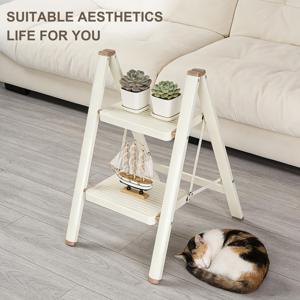2 Step Ladder Folding Step Stool with Anti-Slip Pedal 330LBS Capacity Cream White G235859
